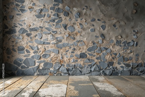 Chipped Grey Stone Textured Wall and Vintage Concrete Flooring for Artistic Visualization