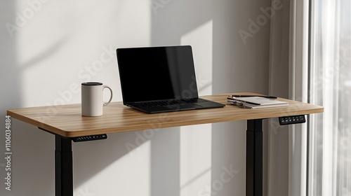 Modern Adjustable Standing Desk with Laptop and Coffee