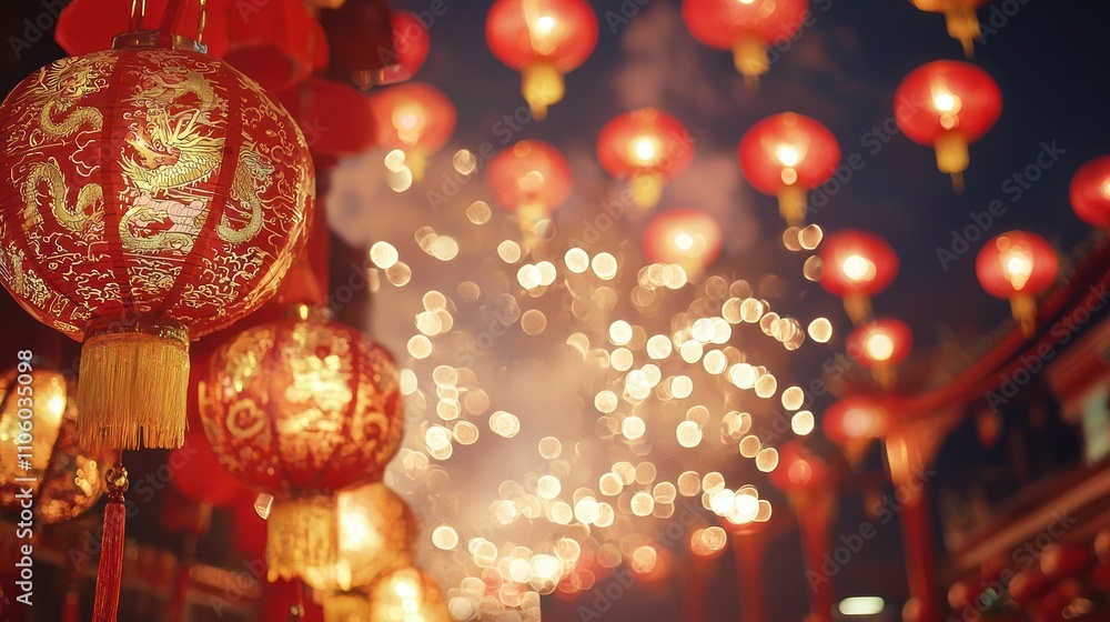 A celebratory Chinese New Year backdrop with fireworks, dragon motifs, and auspicious symbols A celebratory Chinese New Year backdrop with fireworks, dragon motifs, and auspicious symbols