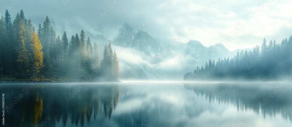 Serene mountain lake with fog and reflections. Serene mountain lake with fog and reflections.