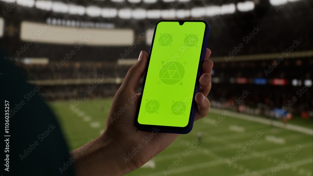 Fototapeta premium GREEN SCREEN CHROMA KEY A hand holding a phone with a green screen at an American football game in a stadium at night, perfect for showcasing live sports or betting apps