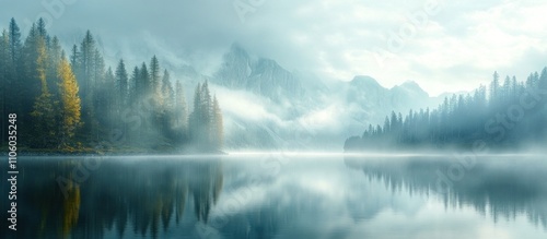 Serene mountain lake with fog and reflections.