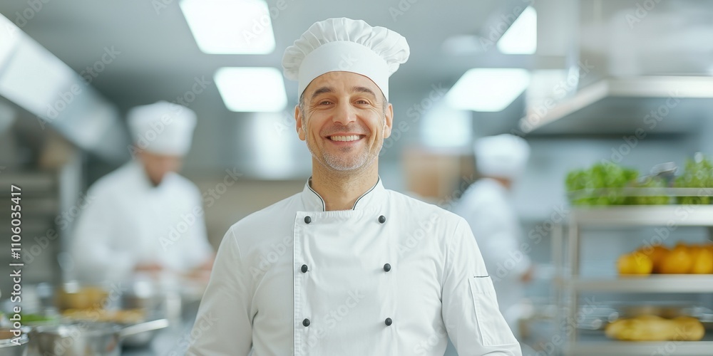 Smiling chef in a modern kitchen preparing delicious dishes with fresh ingredients. Smiling chef in a modern kitchen preparing delicious dishes with fresh ingredients.
