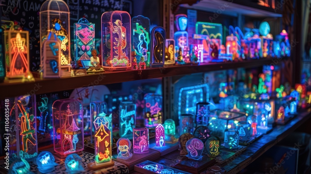 Fototapeta premium Retro neon lights and colorful decor creating a vibrant eye catching ambience and atmosphere in the interior of a retro style store bar or restaurant Glowing neon signs