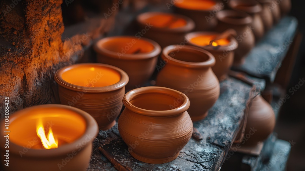 Close-Up of Ceramic Pottery Pieces in a Traditional Kiln During Firing Process Showcasing the Art of Craftsmanship and Heat in Ceramic Production Close-Up of Ceramic Pottery Pieces in a Traditional Kiln During Firing Process Showcasing the Art of Craftsmanship and Heat in Ceramic Production
