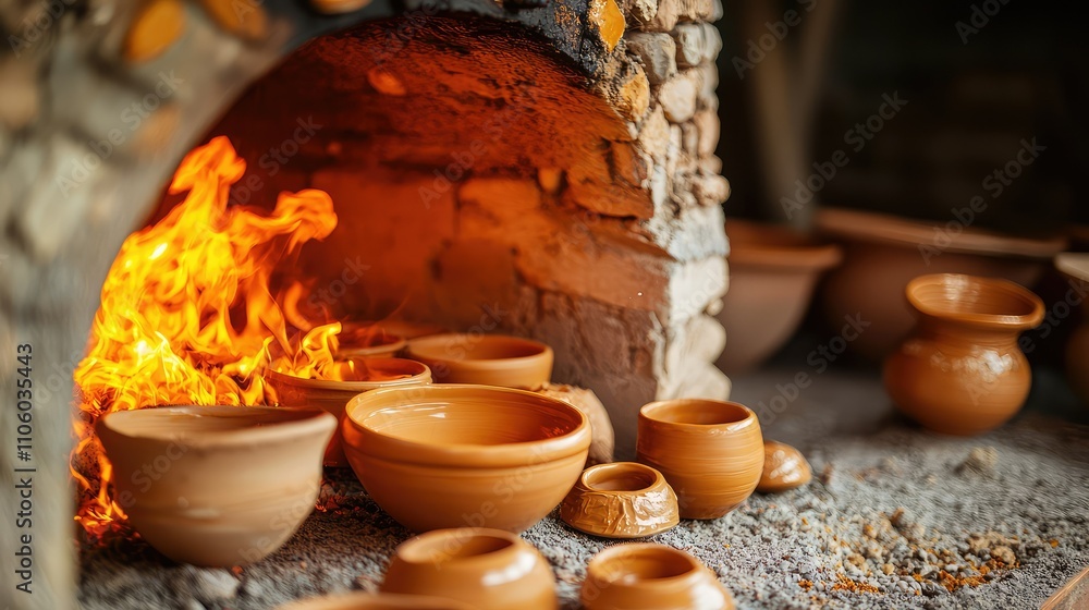 Close-up of Ceramic Pottery Being Fired in a Traditional Kiln, Showcasing the Process of Creating Unique Ceramic Pieces in a Warm, Fiery Environment Close-up of Ceramic Pottery Being Fired in a Traditional Kiln, Showcasing the Process of Creating Unique Ceramic Pieces in a Warm, Fiery Environment