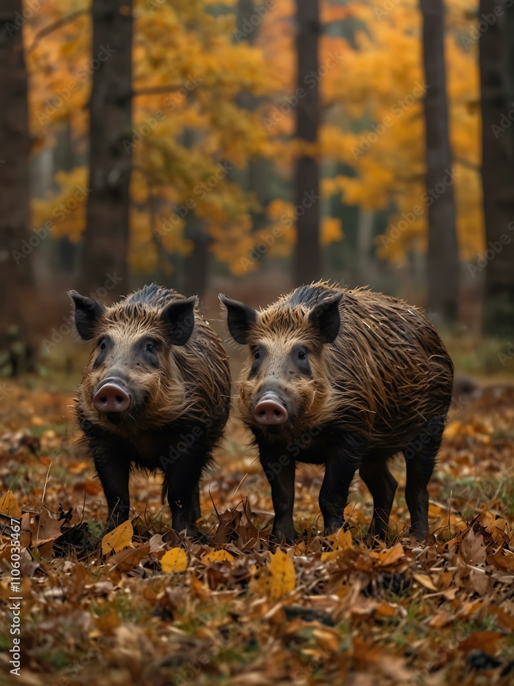 Family of wild boars in a golden autumn forest. Family of wild boars in a golden autumn forest.