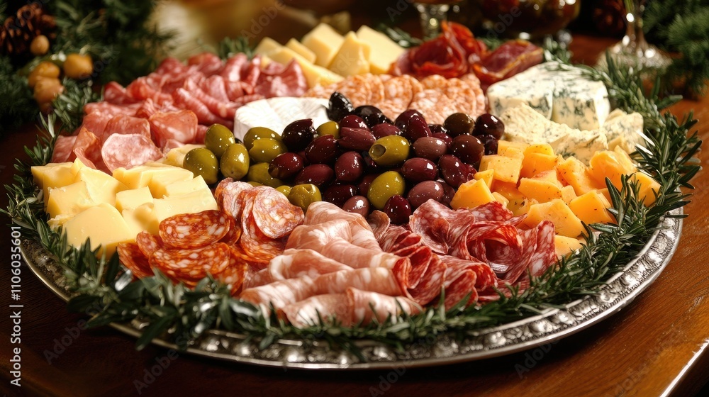 A vibrant platter of assorted charcuterie featuring cured meats, cheeses, and olives, elegantly arranged for a party or gathering, showcasing an inviting spread for guests. A vibrant platter of assorted charcuterie featuring cured meats, cheeses, and olives, elegantly arranged for a party or gathering, showcasing an inviting spread for guests.