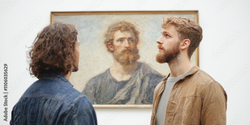 Fototapeta premium Two men admiring an art piece in a museum, reflecting on its cultural significance.