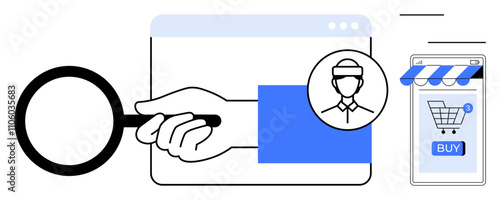 Hand holding magnifying glass in front of web browser with profile picture. Smartphone screen with shopping cart and buy button. Ideal for online shopping, e-commerce, digital marketing, mobile