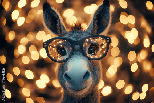 Festlicher Esel mit witziger Brille und funkelndem Licht. Humorvolles Design, perfekt für Neujahrsfeiern, Grußkarten oder lustige Einladungen