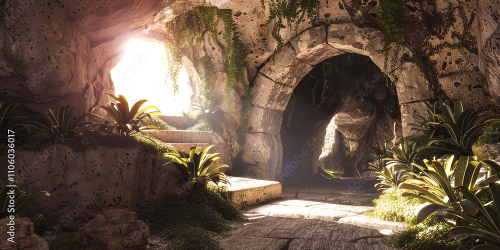 Obraz premium stone rocky empty cave tomb and light rays easter Generative AI