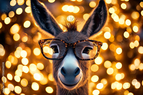 Ein freundlicher Esel mit übergroßer 'Happy New Year'-Brille vor einem Hintergrund aus funkelnden Lichtern. Humorvoll und festlich, perfekt für lustige Einladungen oder Partydekorationen