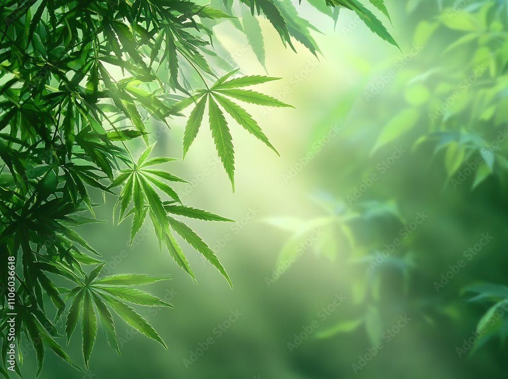 Banner of fresh green marijuana leaves and buds flowering in a natural outdoor setting, with ample room for text overlay. Concept, advertising, advertisement Banner of fresh green marijuana leaves and buds flowering in a natural outdoor setting, with ample room for text overlay. Concept, advertising, advertisement