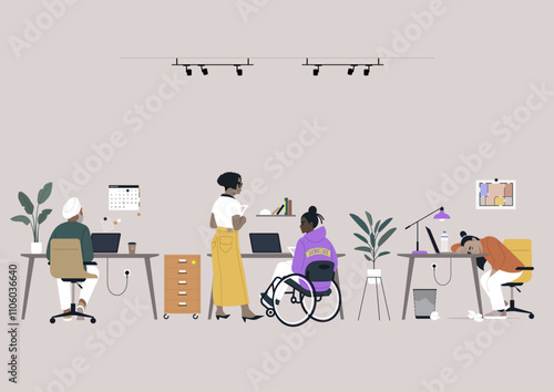 In a modern office setting, individuals focus on their laptops while one actively discusses ideas with the group, Colorful furniture and plants enhance the inspiring atmosphere