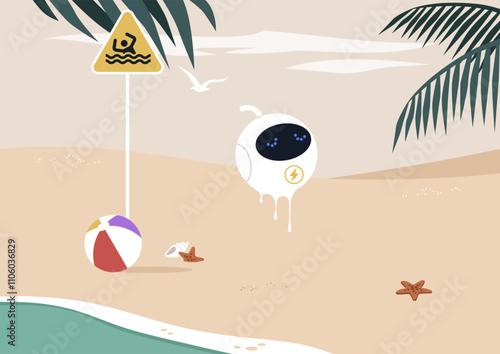 A solar energy robot, its body melting under the relentless sun, interacts with beach toys near the shoreline. Despite its advanced design,the intense heat from global warming overwhelms its systems