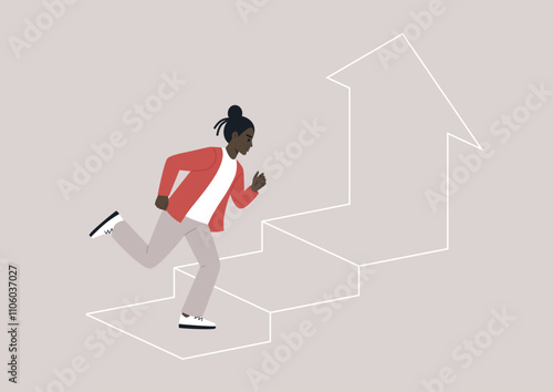 A person races up a set of stylized stairs, embodying ambition and drive, The upward arrow symbolizes growth and achievement in life's endeavors.