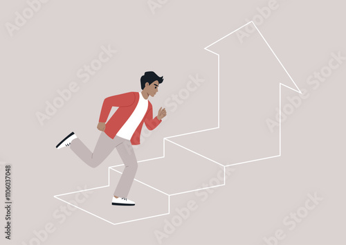 A person races up a set of stylized stairs, embodying ambition and drive, The upward arrow symbolizes growth and achievement in life's endeavors.