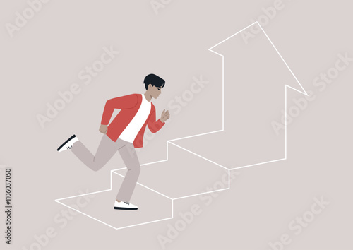 A person races up a set of stylized stairs, embodying ambition and drive, The upward arrow symbolizes growth and achievement in life's endeavors.