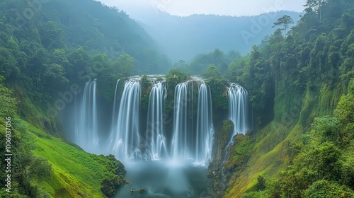 A serene waterfall cascading through lush greenery in a misty landscape.