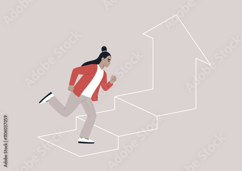 A person races up a set of stylized stairs, embodying ambition and drive, The upward arrow symbolizes growth and achievement in life's endeavors.