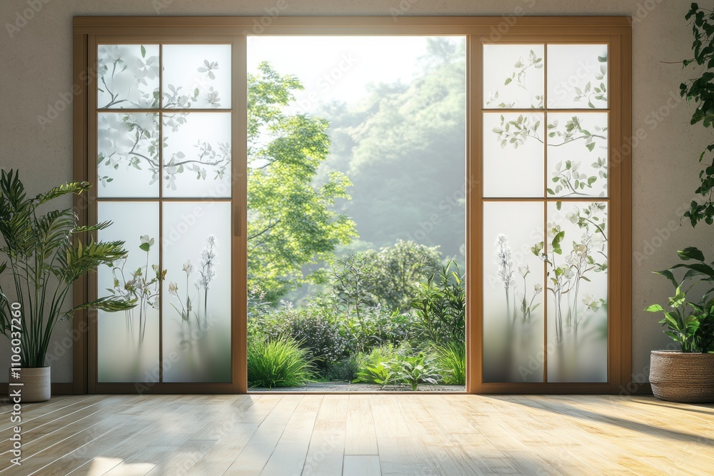 Fototapeta premium glass panel interior design, frosted glass panels in a living room, illuminating the space from a large window against a wooden floor, with room for text