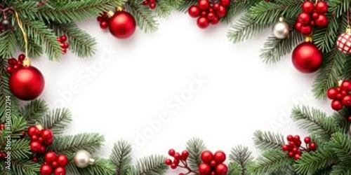 Christmas border with green branches decorated with ornaments, greeting card, decorations