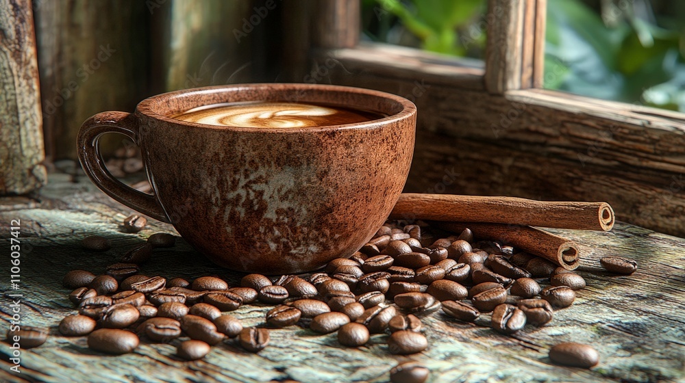 A rustic cup of coffee surrounded by coffee beans and cinnamon sticks on a wooden surface. A rustic cup of coffee surrounded by coffee beans and cinnamon sticks on a wooden surface.