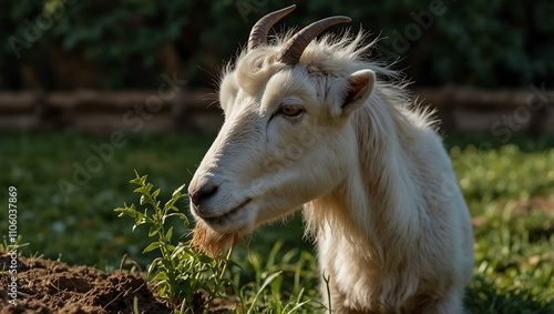 Farm goat eating a plant, side profile.
