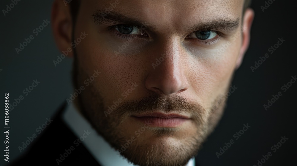 Obraz premium A close-up of a man in a suit with a serious expression, emphasizing professionalism and determination