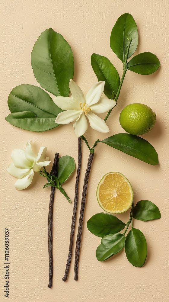 Flat lay of vanilla pods, lime, and jasmine flowers with green leaves on a beige background, showcasing natural ingredients.
Flat lay of vanilla pods, lime, and jasmine flowers with green leaves on a beige background, showcasing natural ingredients.