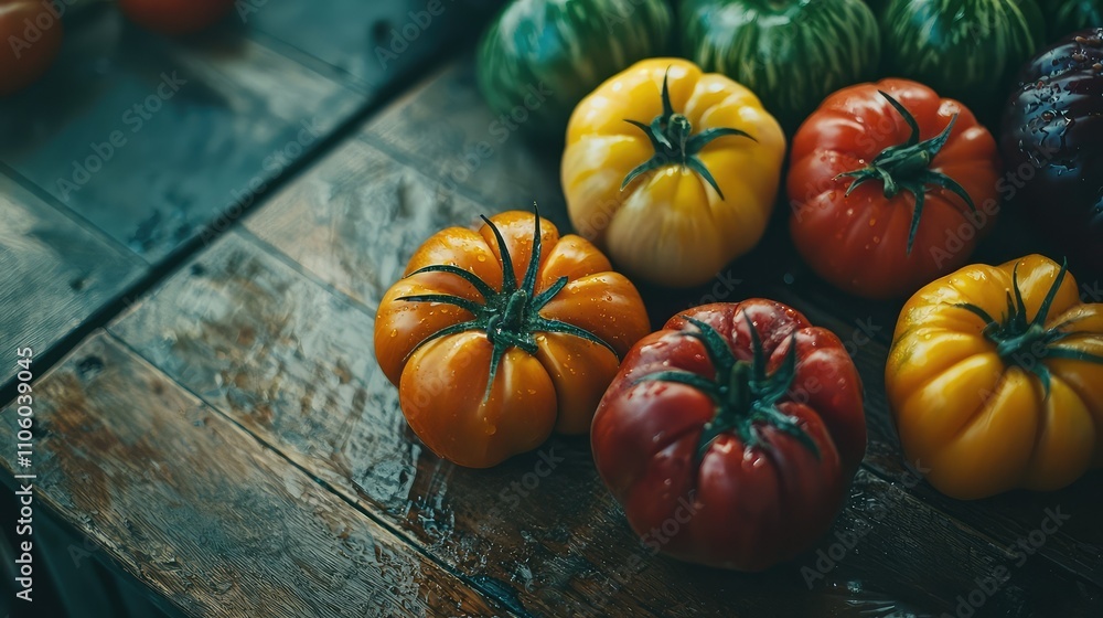 Close-Up of Heirloom Tomatoes Displayed on Wooden Surface, Featuring Unique Shapes and Vibrant Colors, Perfect for Culinary and Agricultural Use Close-Up of Heirloom Tomatoes Displayed on Wooden Surface, Featuring Unique Shapes and Vibrant Colors, Perfect for Culinary and Agricultural Use