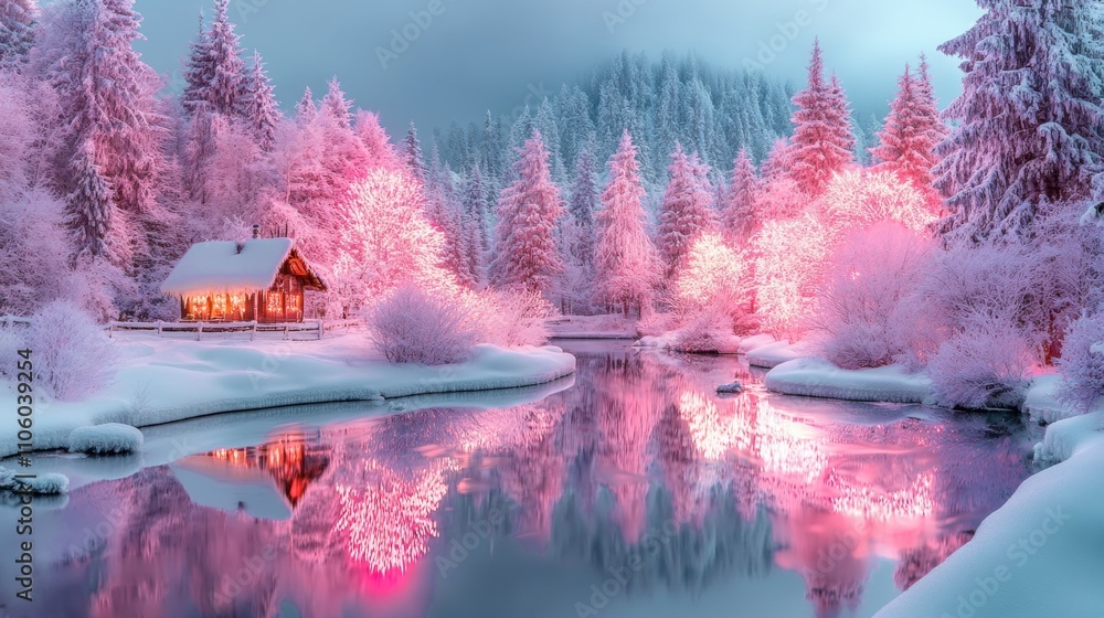 Idyllic winter scene with a glowing pink cabin surrounded by snow-covered trees, reflected in a calm river under soft light.
Idyllic winter scene with a glowing pink cabin surrounded by snow-covered trees, reflected in a calm river under soft light.