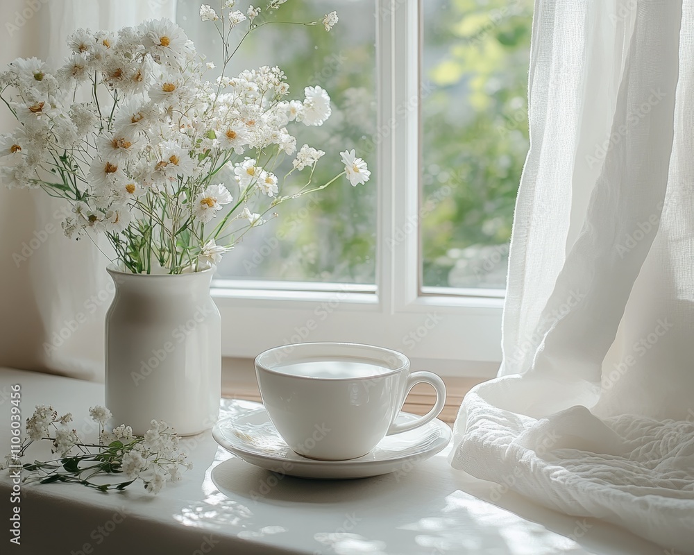 Serene scene of a white coffee cup on a table beside a potted plant, with soft sunlight streaming through a window.
Serene scene of a white coffee cup on a table beside a potted plant, with soft sunlight streaming through a window.