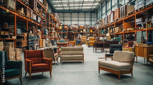 A spacious warehouse filled with various furniture pieces, showcasing a mix of chairs, sofas, and storage, highlighting a vibrant interior design collection.