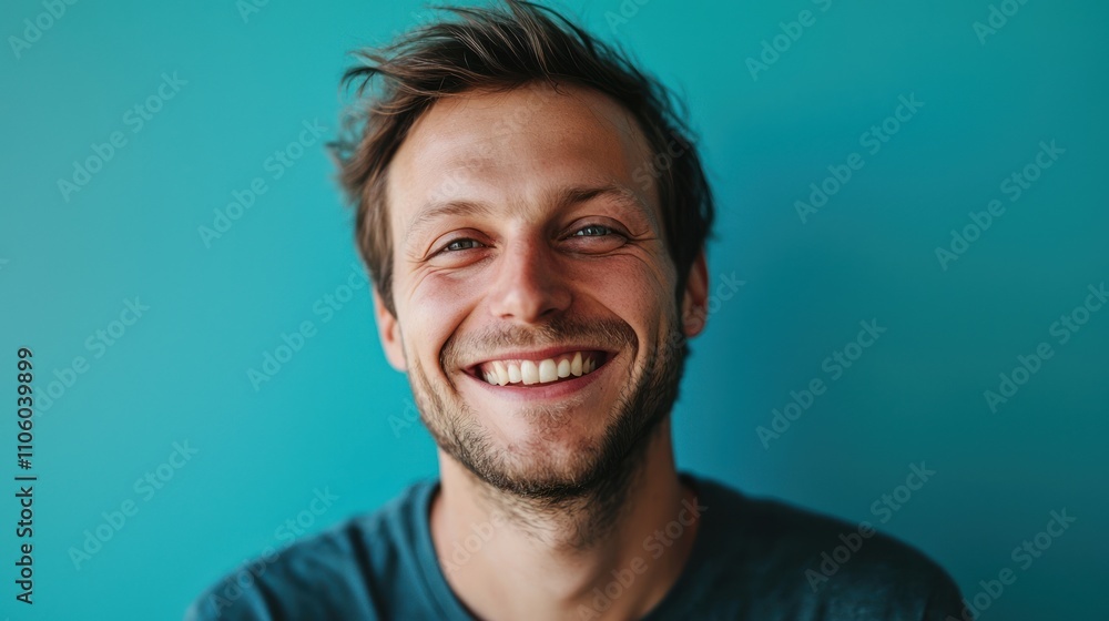 Fototapeta premium A close-up of a man smiling against a bright blue backdrop, radiating positivity and warmth