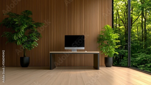 Modern home office setup with sleek computer in minimalist space embracing nature views for optimal productivity photo