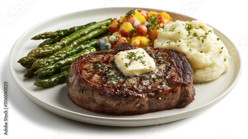 An elegant plate featuring a perfectly cooked steak topped with a pat of herb butter, surrounded by colorful side dishes like mashed potatoes and asparagus, all against a white background.