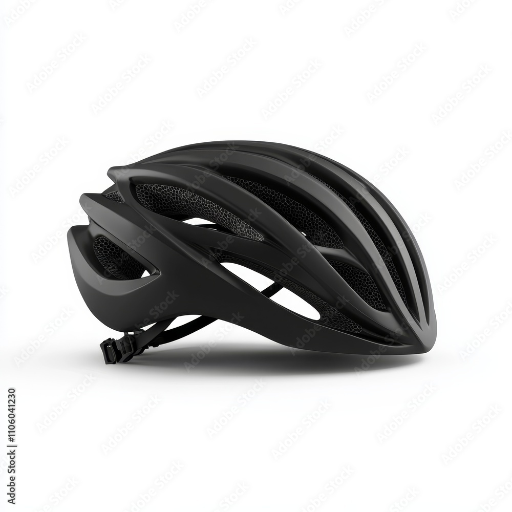 A bicycle helmet with a sleek aerodynamic design, adjustable straps, and vents, positioned on a white background to show the protective features, Photorealistic A bicycle helmet with a sleek aerodynamic design, adjustable straps, and vents, positioned on a white background to show the protective features, Photorealistic