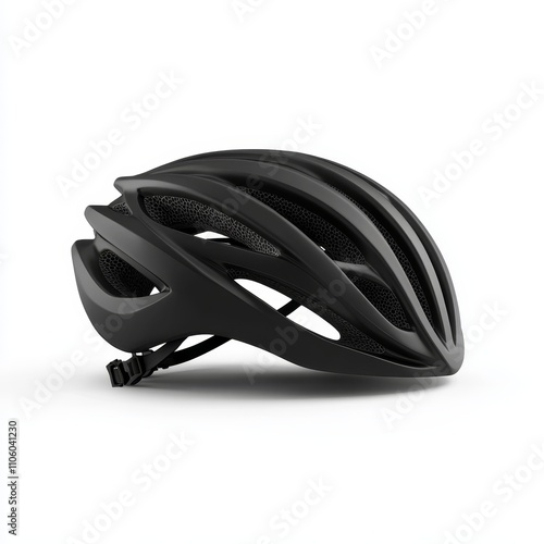 A bicycle helmet with a sleek aerodynamic design, adjustable straps, and vents, positioned on a white background to show the protective features, Photorealistic