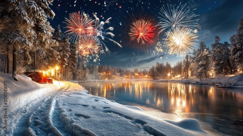 Fireworks Reflecting on Frozen Winter Lake  
