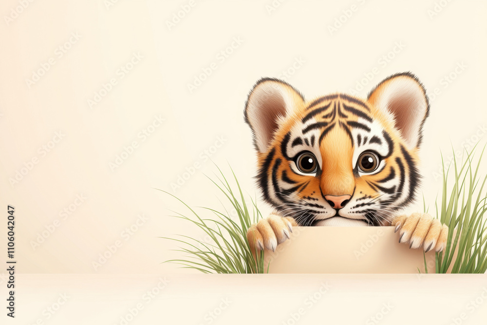 A cute cartoon tiger peeks over a wall with bright eyes, surrounded by soft grass, creating a playful and whimsical atmosphere. A cute cartoon tiger peeks over a wall with bright eyes, surrounded by soft grass, creating a playful and whimsical atmosphere.