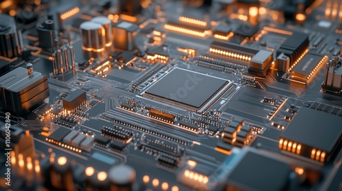 Close-up of a computer CPU on the mainboard, highlighting the intricate design of the chipset and surrounding components, ample blank area for logo, modern high-tech appearance, Photorealistic photo