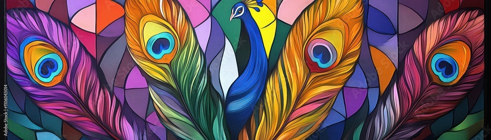Obraz premium A vibrant stained glass artwork featuring colorful peacock feathers and a central peacock.