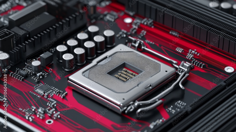 Close-up view of the CPU and motherboard with detailed traces, visible capacitors, and high-tech design, plenty of room around the CPU for logo, Photorealistic Close-up view of the CPU and motherboard with detailed traces, visible capacitors, and high-tech design, plenty of room around the CPU for logo, Photorealistic