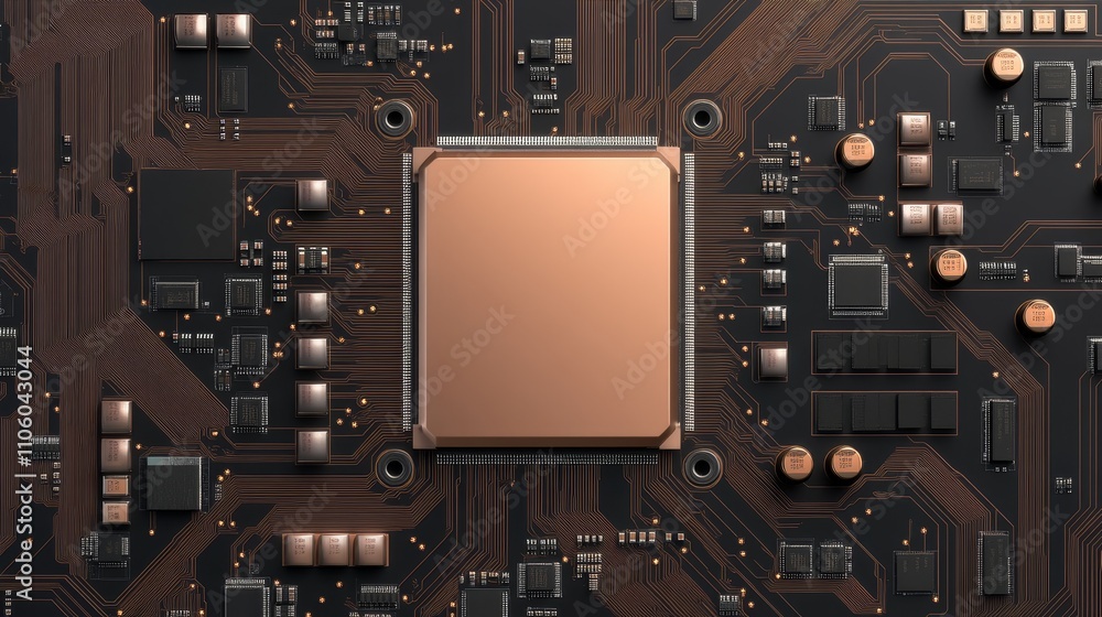 Fototapeta premium Detailed close-up of a computer CPU with a circuit board background, including capacitors and chips, space reserved for logo placement, Photorealistic