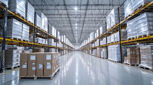A spacious warehouse with tall shelves stacked with boxes, showcasing an organized storage environment.