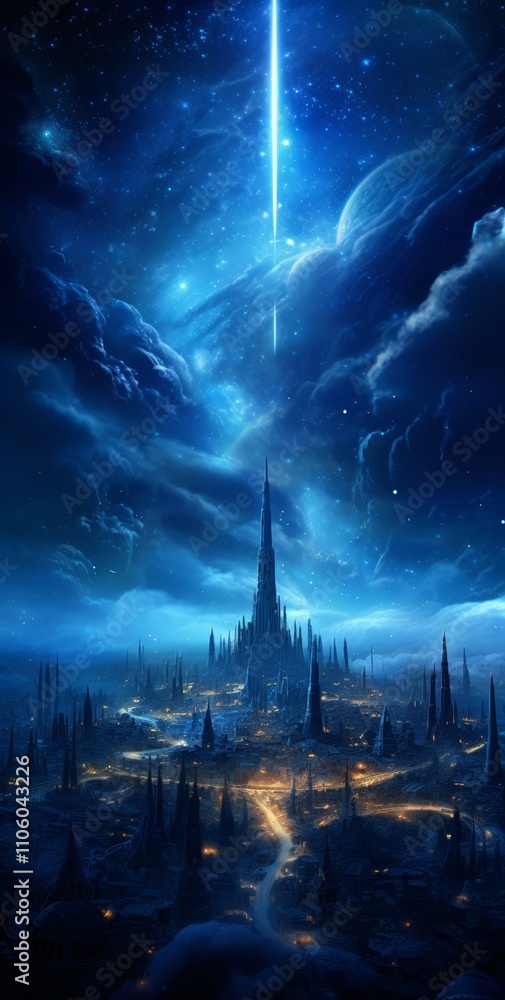 Fototapeta premium Celestialpunk Universe with Azure Stars and Snowy Lightning Waves