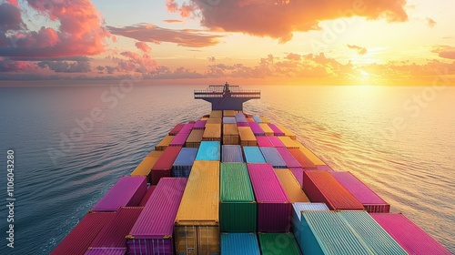 A vibrant cargo ship filled with colorful containers sails on calm waters under a stunning sunset sky.