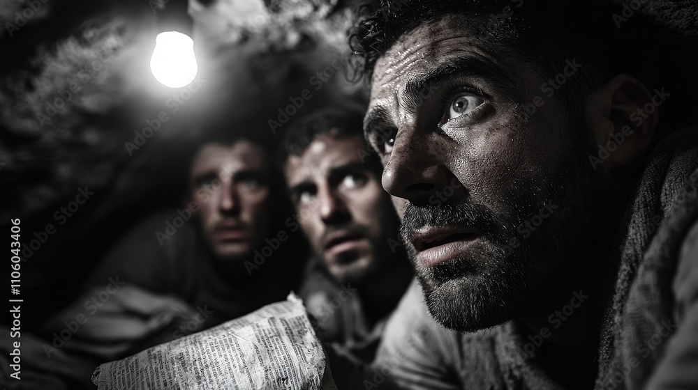 Three men huddled together in a dark cave display expressions of fear and uncertainty, illuminated by a hanging light bulb, capturing a moment of suspense and tension. Three men huddled together in a dark cave display expressions of fear and uncertainty, illuminated by a hanging light bulb, capturing a moment of suspense and tension.